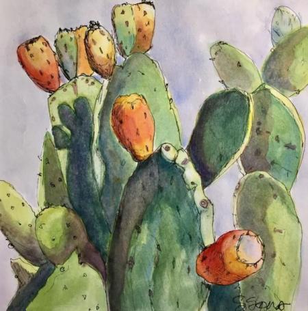 "Prickly Pear Study #1 Ink and Watercolor