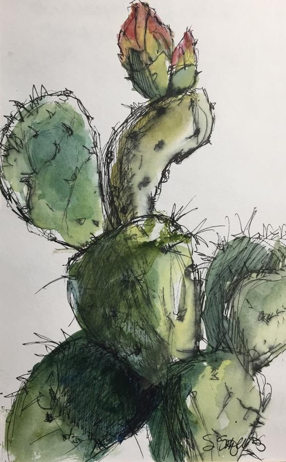 "Cactus in Bloom" Ink and Watercolor